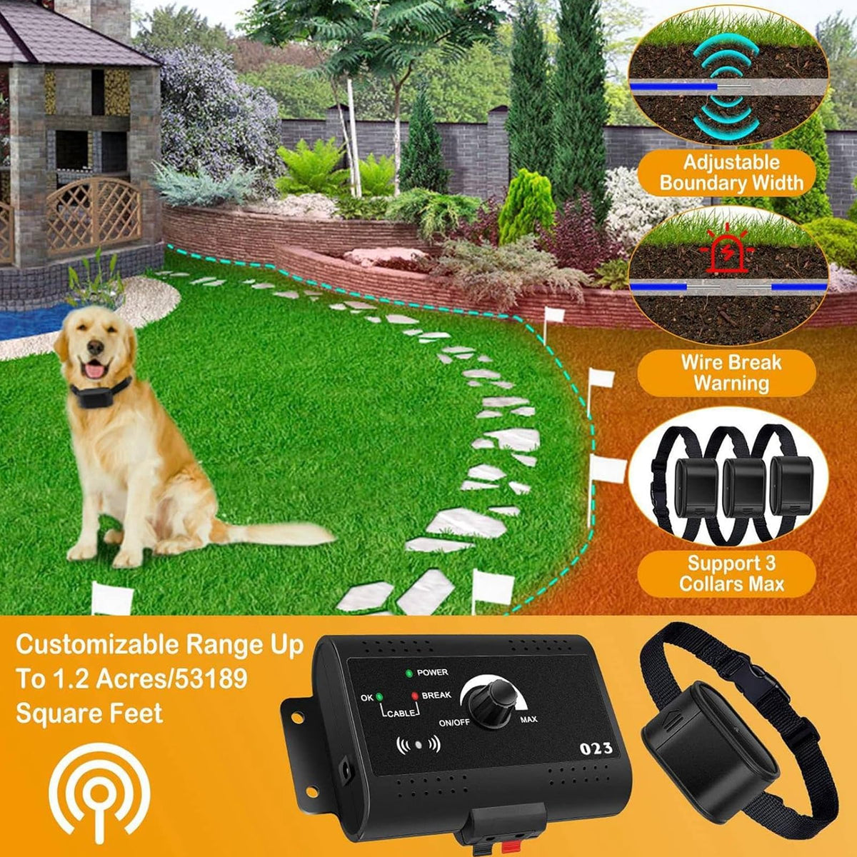 Underground Electric Dog Fence, In-Ground Pet Containment System, Waterproof Training Collar F79892