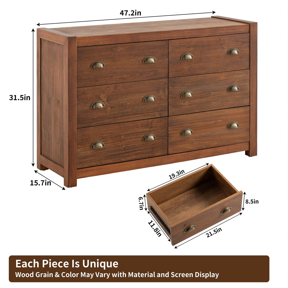 Vintage 6 Drawer Solid Wood Dresser L8086