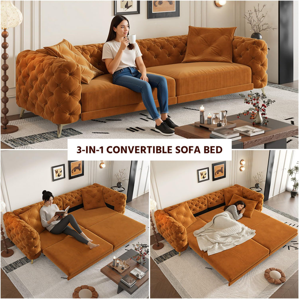 Orange Convertible Pull Out Sofa Bed Velvet Sleeper Sofa B49518