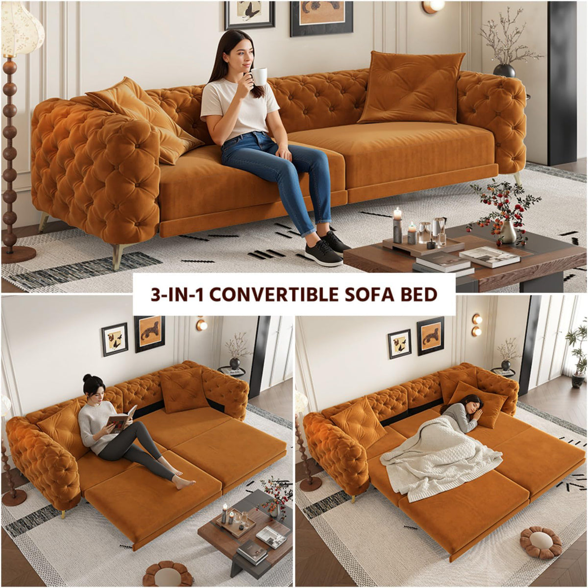 Orange Convertible Pull Out Sofa Bed Velvet Sleeper Sofa B49518