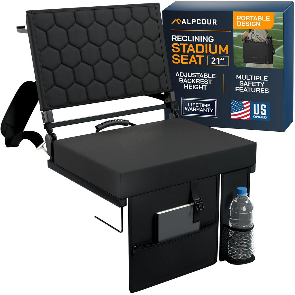 Extra Wide Folding Reclining Stadium Seat with Cup Holder and Storage Pockets C5432