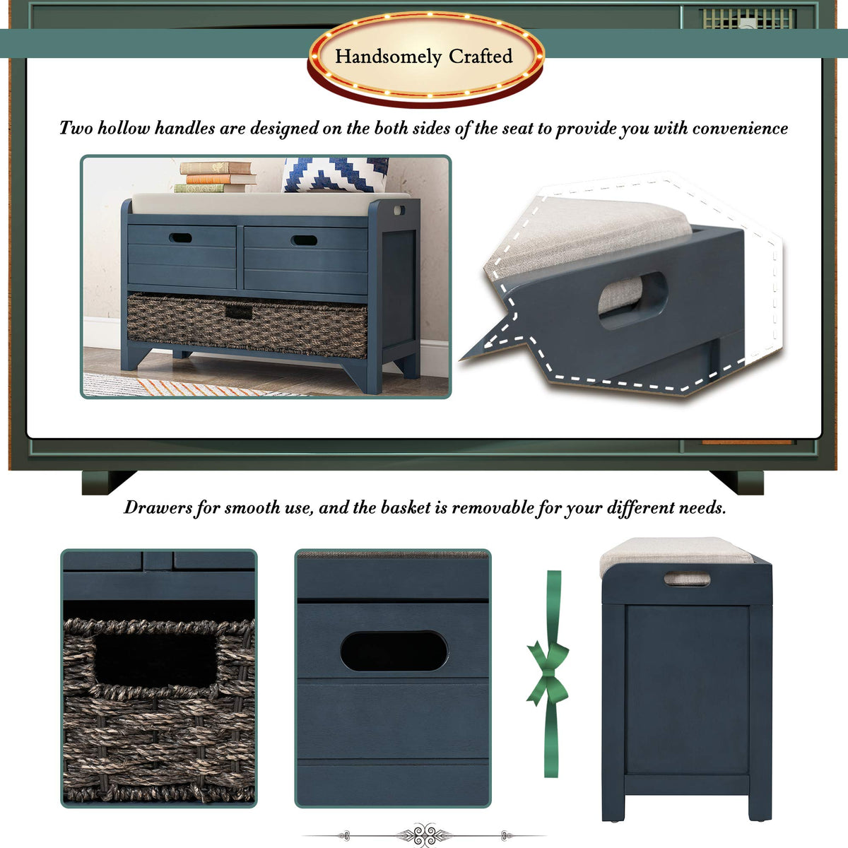 Navy Storage Bench with Drawers and Basket U16775