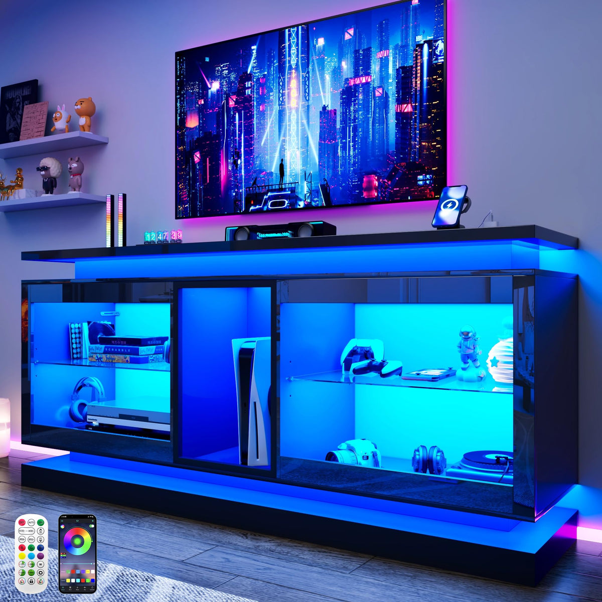 70" TV Stand with LED Lights and Power Outlets, Black Y1890