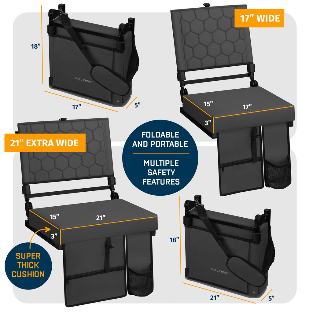 Extra Wide Folding Reclining Stadium Seat with Cup Holder and Storage Pockets C5432
