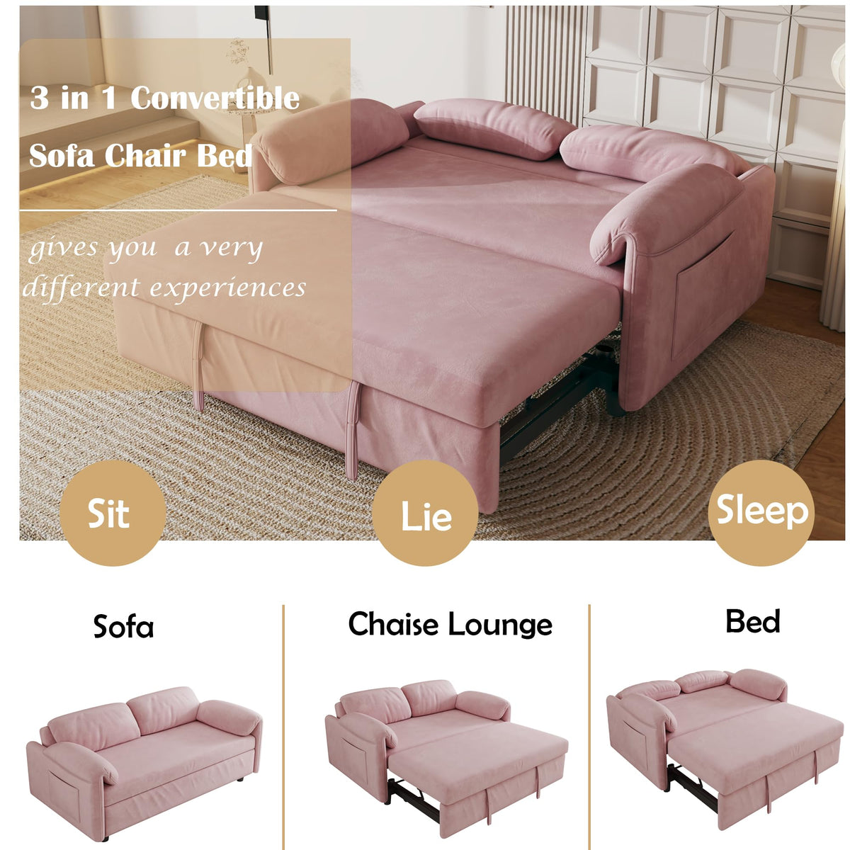 Pink Velvet 3 in 1 Convertible Sofa Bed P284841