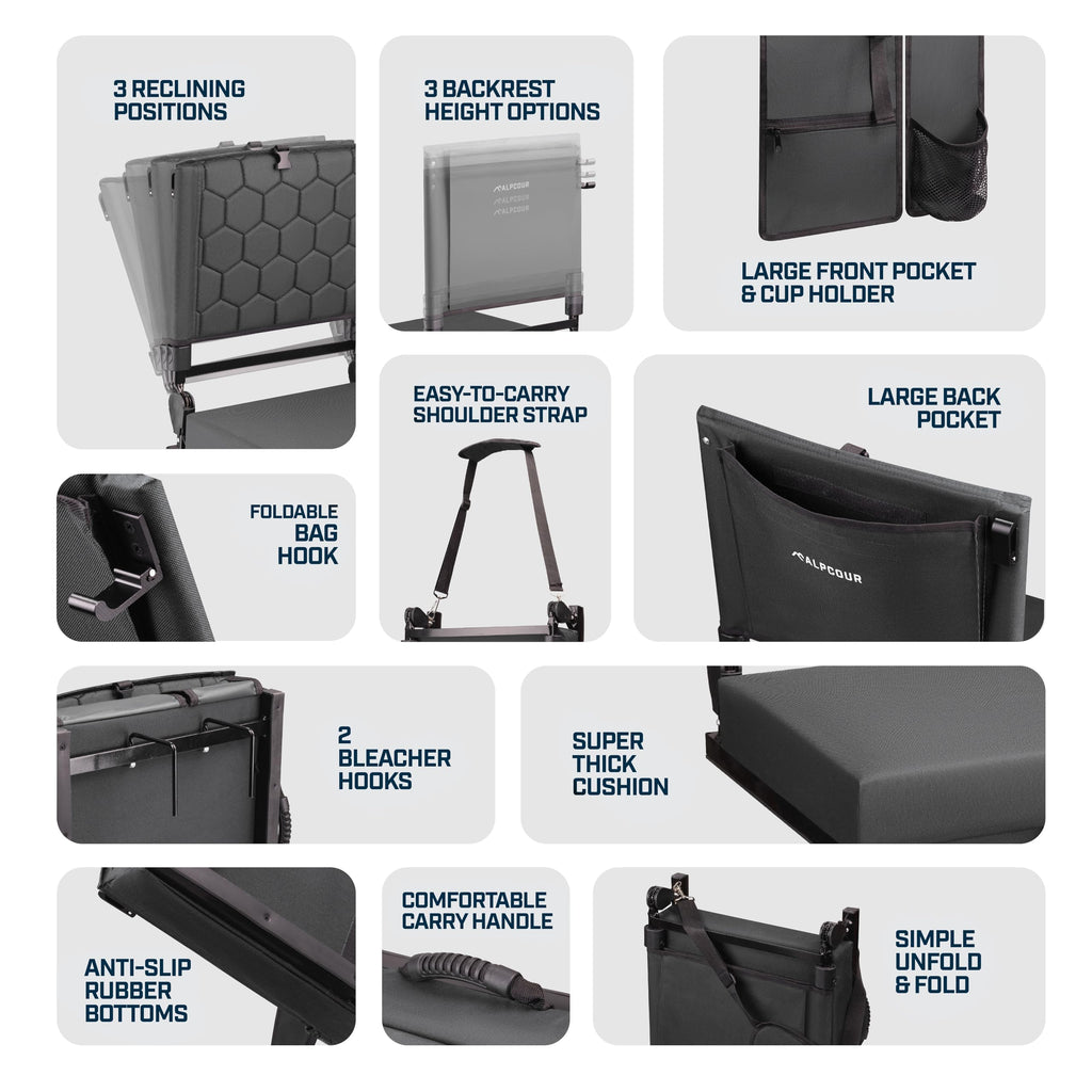 Extra Wide Folding Reclining Stadium Seat with Cup Holder and Storage Pockets C5432