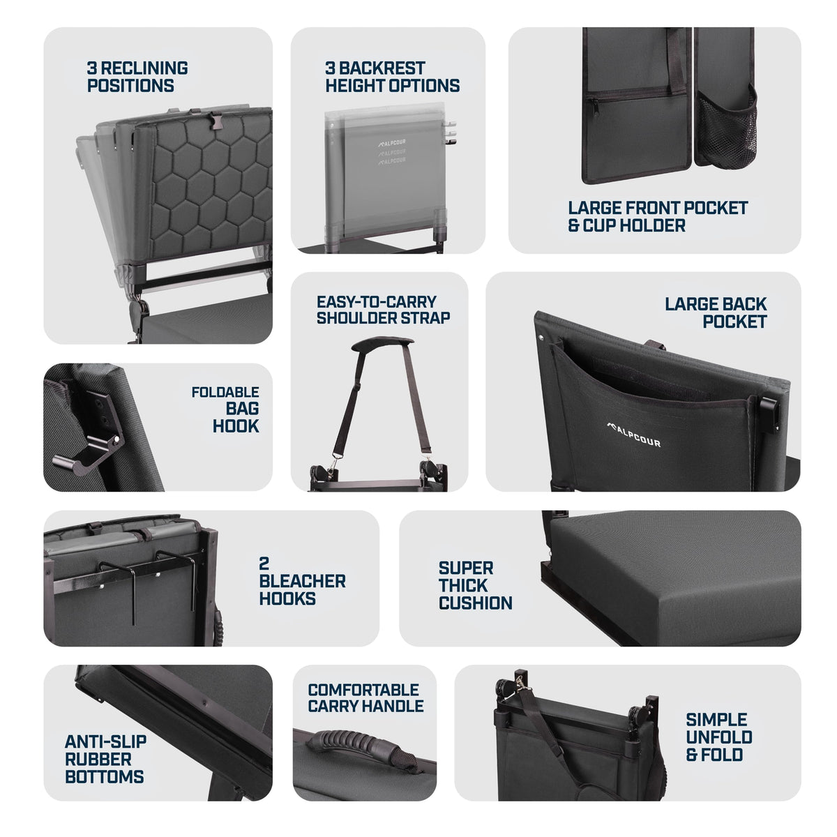 Extra Wide Folding Reclining Stadium Seat with Cup Holder and Storage Pockets C5432