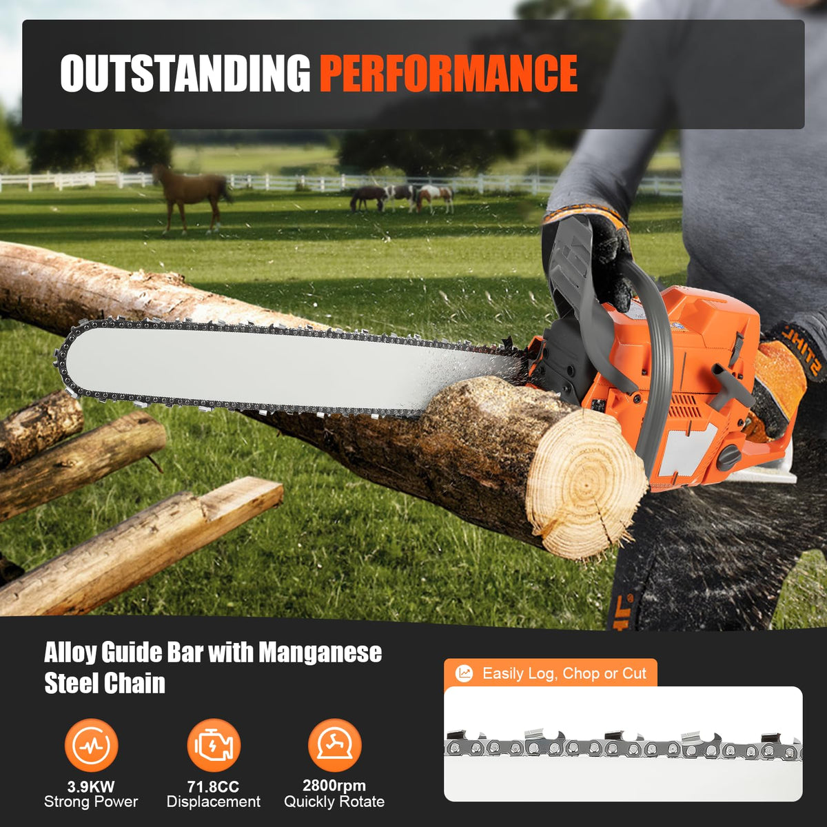 Gas Powered Chainsaw, 71.8cc 2-Stroke, 24 Inch M235755