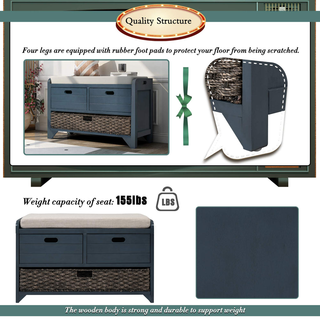 Navy Storage Bench with Drawers and Basket U16775