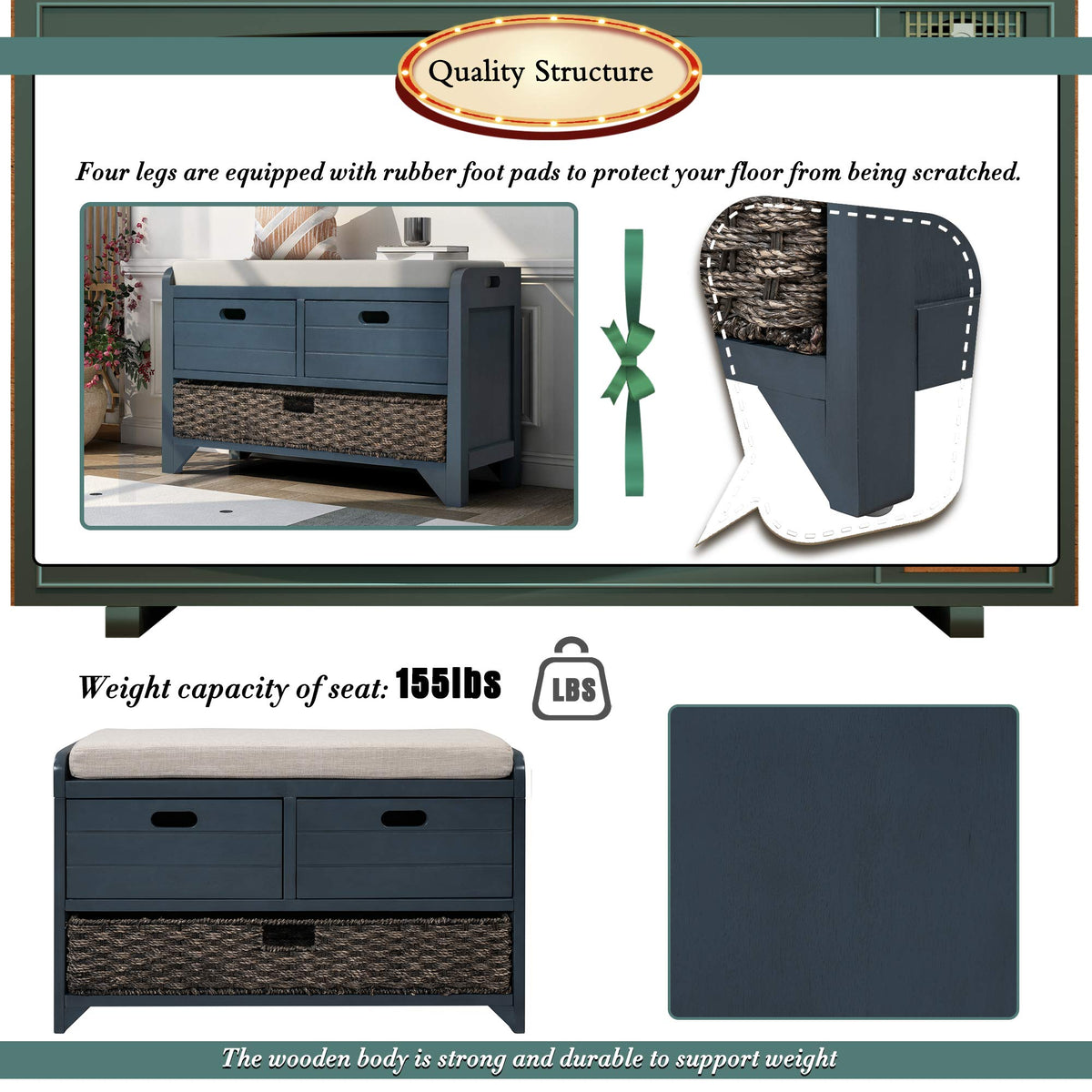 Navy Storage Bench with Drawers and Basket U16775