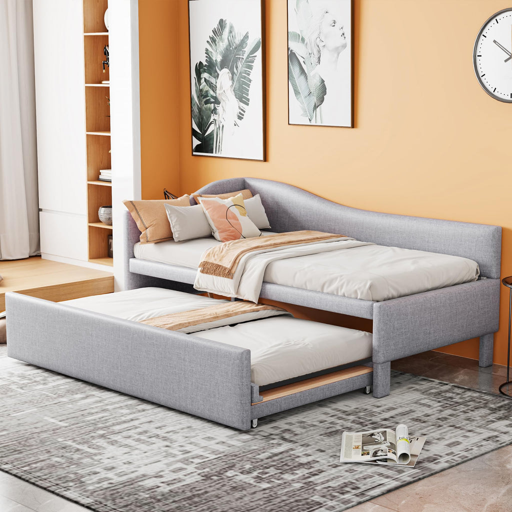 Twin Size Linen Extendable Upholstered Daybed with Pop Up Trundle U6402
