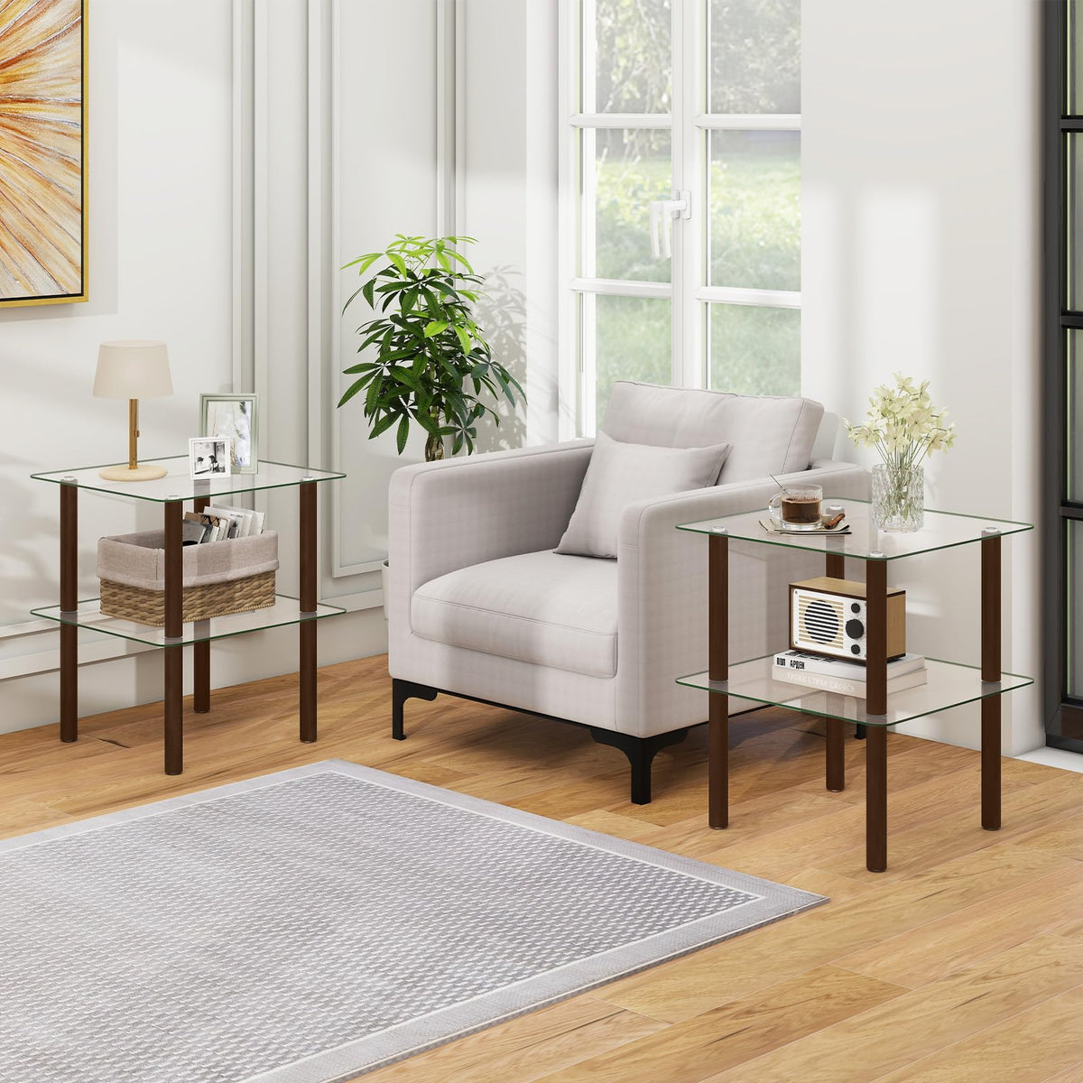 Square End Table Set of 2, 2-Tier Glass Top Sofa Side Table A641010