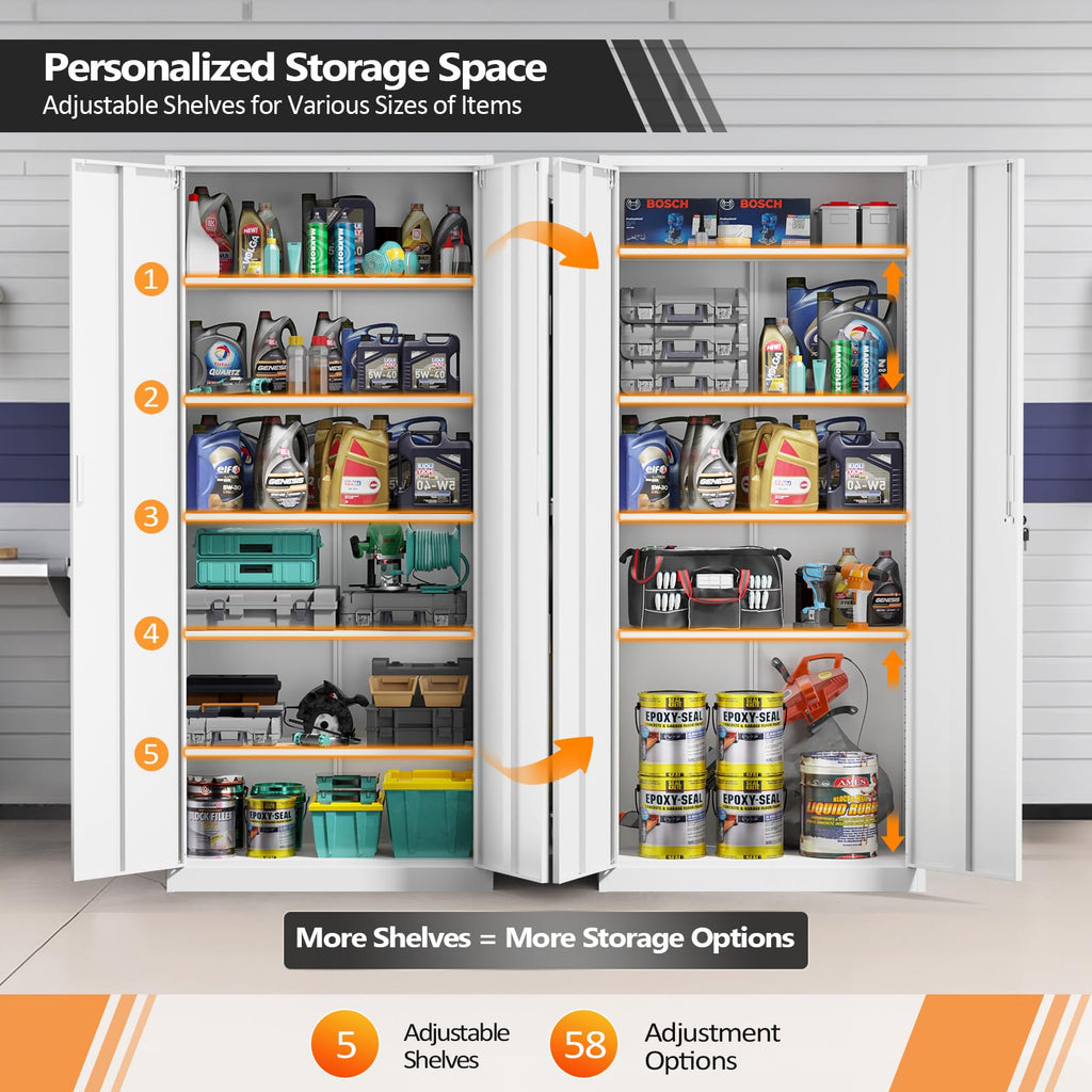 White Metal Storage Cabinet with 2 Doors and 5 Adjustable Shelves Y72143