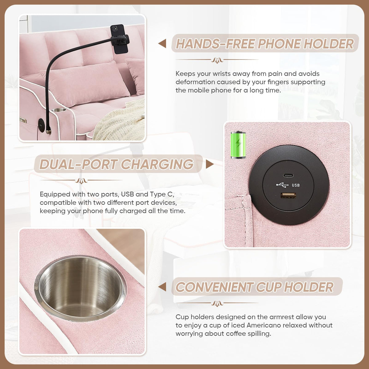 Pink Velvet Convertible Sleeper Sofa Bed F1920