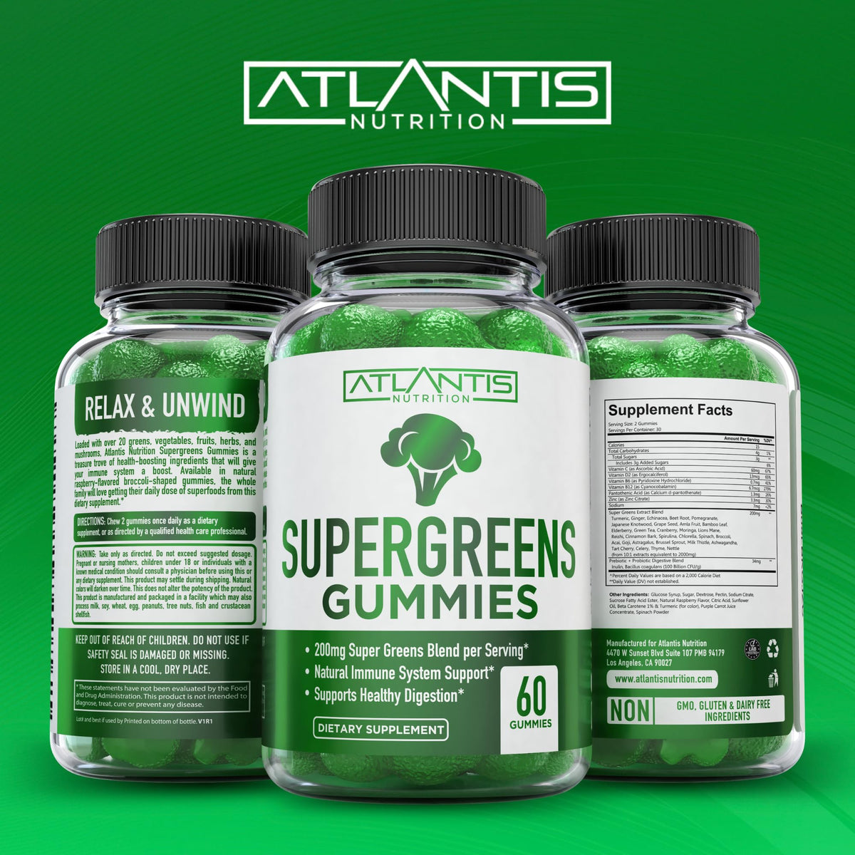 Supergreens Gummies Supplement with Spinach, Broccoli, Moringa, Beet Root, Celery, Green Tea, & Acai, Natural Raspberry Flavor, 60 cnt V1933