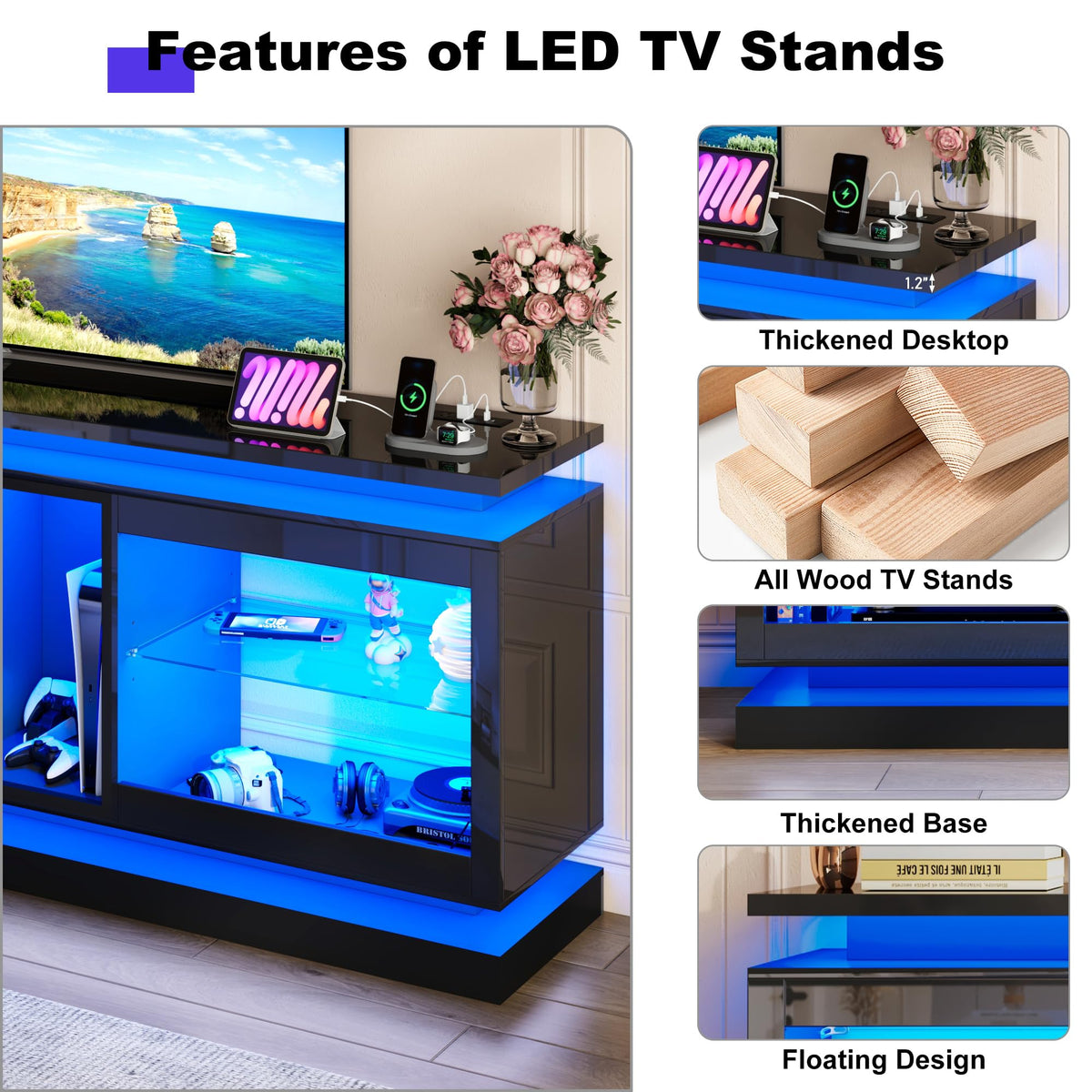 70" TV Stand with LED Lights and Power Outlets, Black Y1890