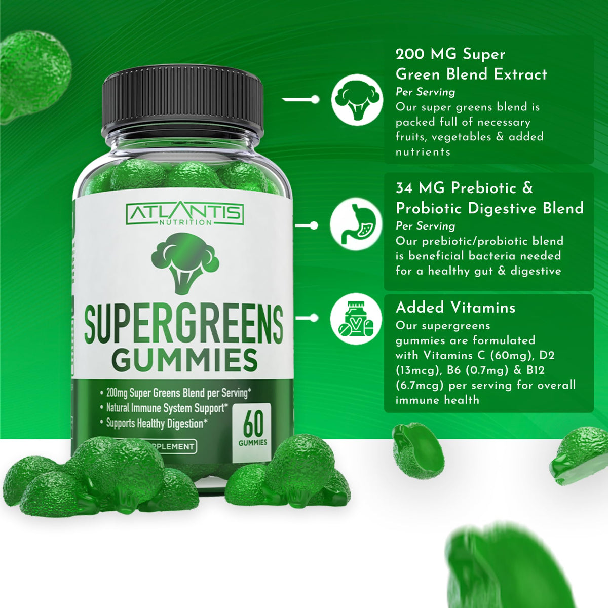 Supergreens Gummies Supplement with Spinach, Broccoli, Moringa, Beet Root, Celery, Green Tea, & Acai, Natural Raspberry Flavor, 60 cnt V1933