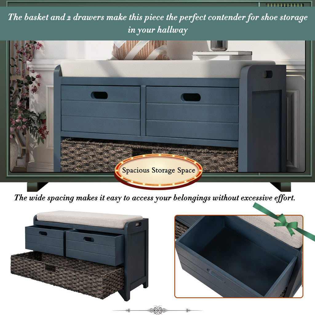 Navy Storage Bench with Drawers and Basket U16775