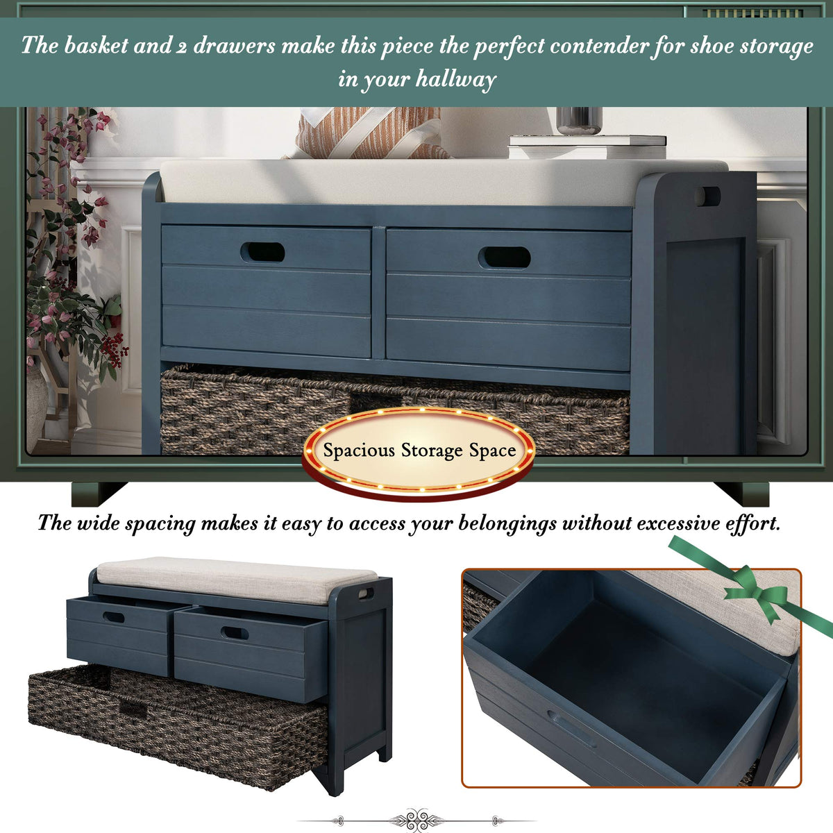 Navy Storage Bench with Drawers and Basket U16775