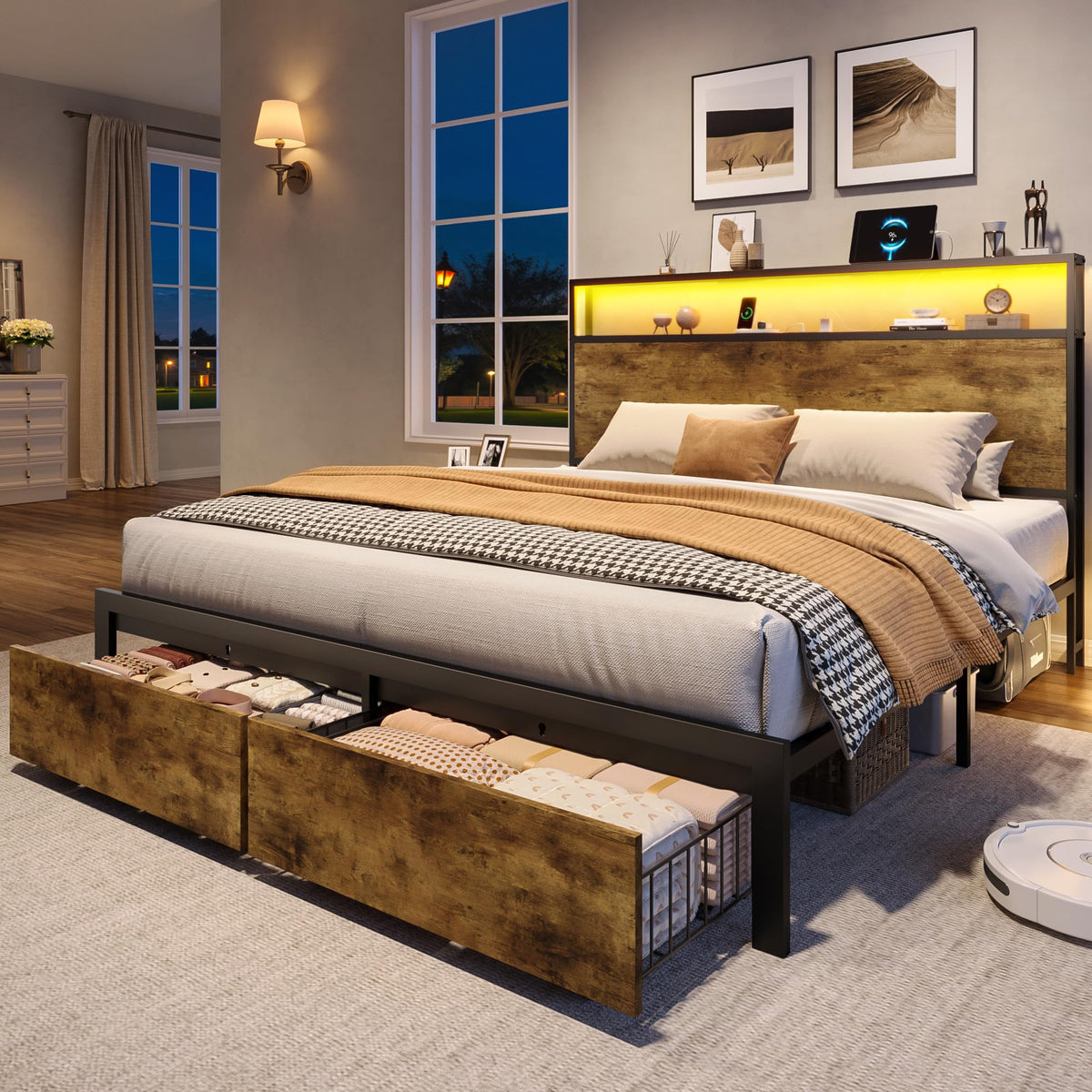 Queen Metal Bed Frame with Storage Headboard and 2 Drawers C85085