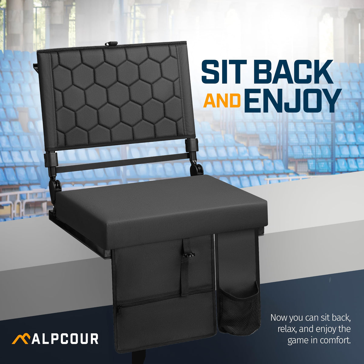 Extra Wide Folding Reclining Stadium Seat with Cup Holder and Storage Pockets C5432