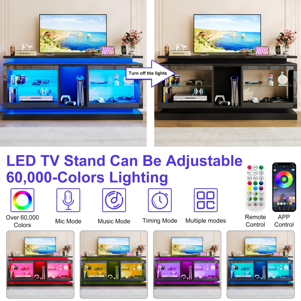 70" TV Stand with LED Lights and Power Outlets, Black Y1890