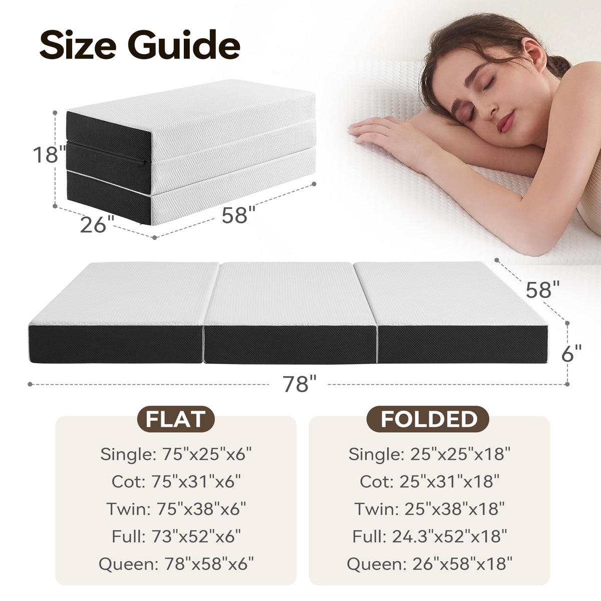 6 Inch Tri Fold Memory Foam Queen Mattress with Washable Cover J693