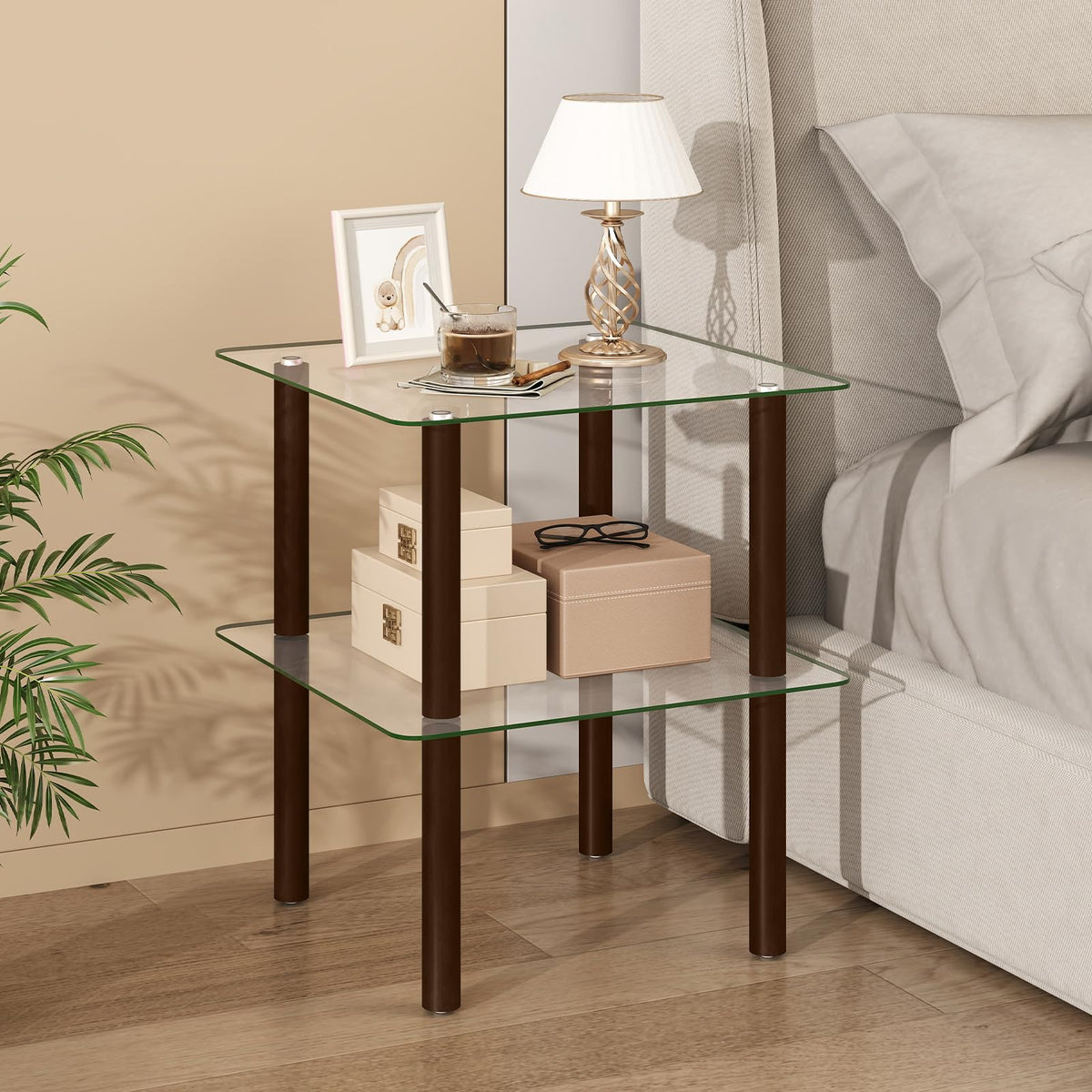 Square End Table Set of 2, 2-Tier Glass Top Sofa Side Table A641010