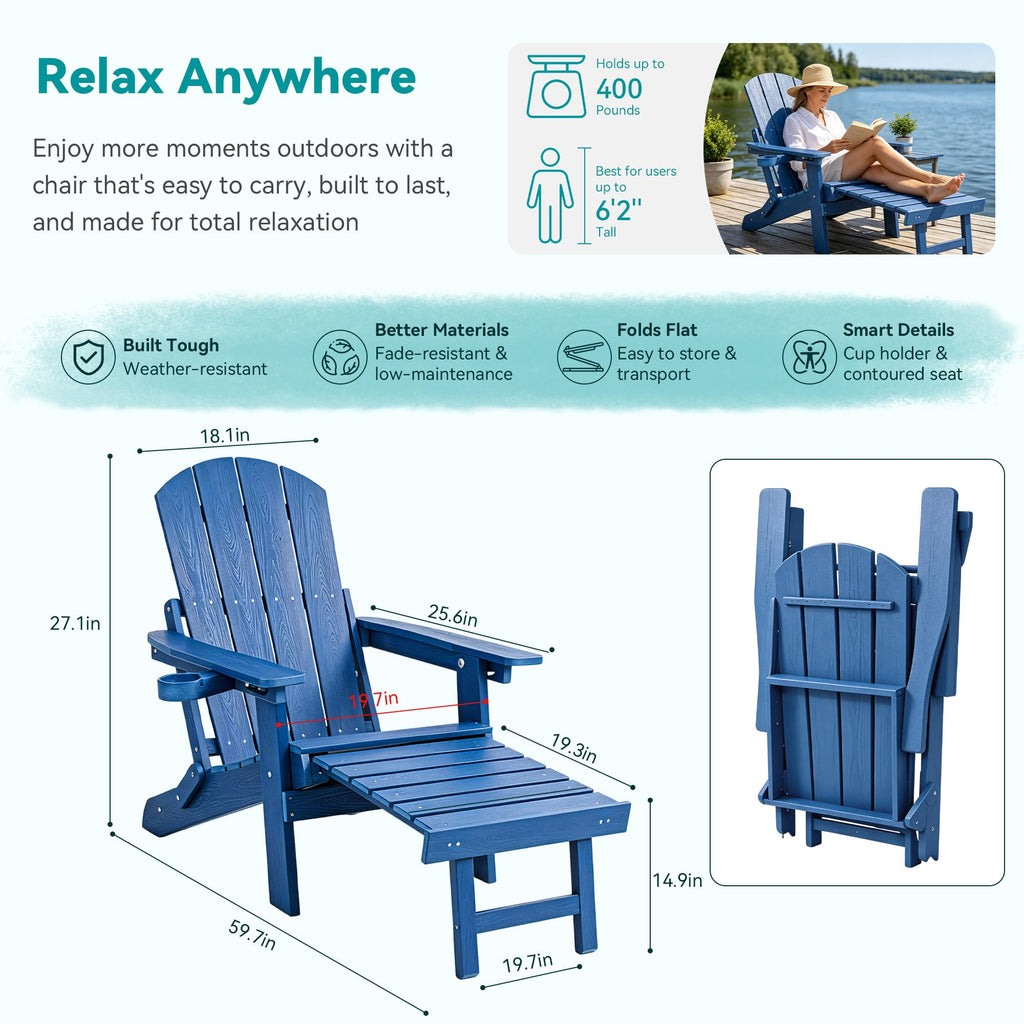 Folding Adjustable Adirondack Chairs Set of 2 with Footrest Y6069