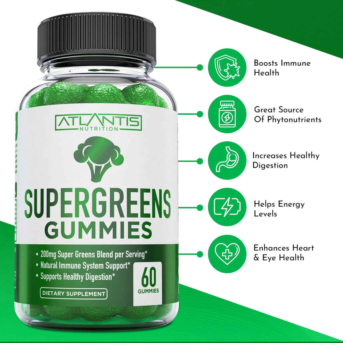Supergreens Gummies Supplement with Spinach, Broccoli, Moringa, Beet Root, Celery, Green Tea, & Acai, Natural Raspberry Flavor, 60 cnt V1933