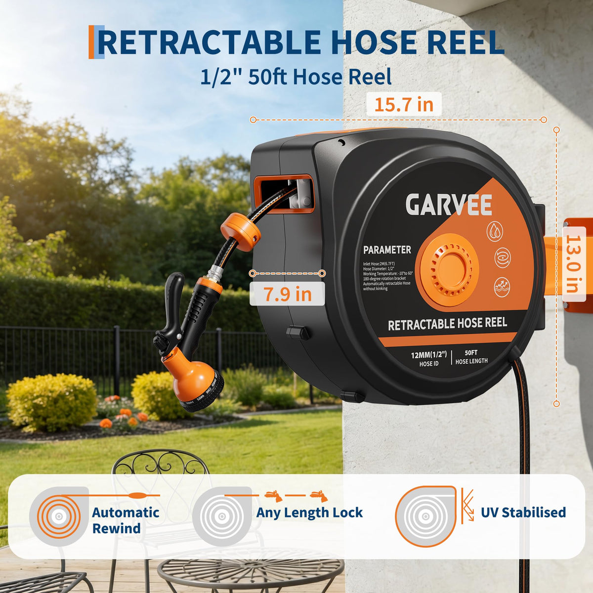 1/2 Inch x 50 ft Wall Mounted Garden Hose Reel with 10 Patterns Nozzle K782617