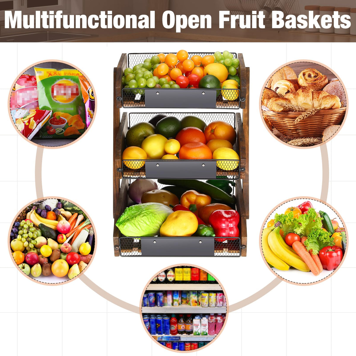 3 Tier Wooden Fruit Basket with Banana Hangers U87722