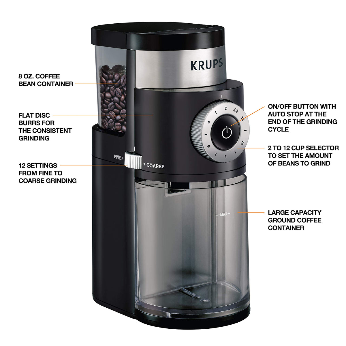 Burr Coffee Grinder 12 Settings 8 oz Stainless Steel N344