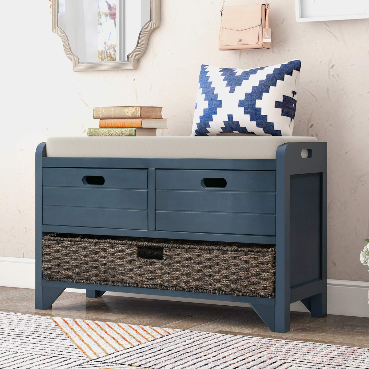 Navy Storage Bench with Drawers and Basket U16775