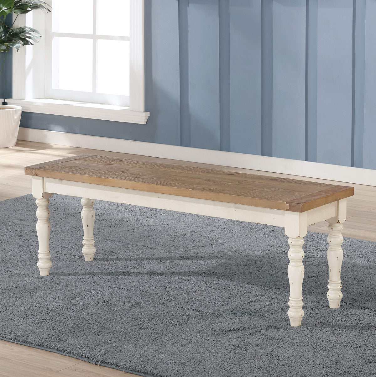 Antique White Two-Tone Oak Wood Dining Bench X2030