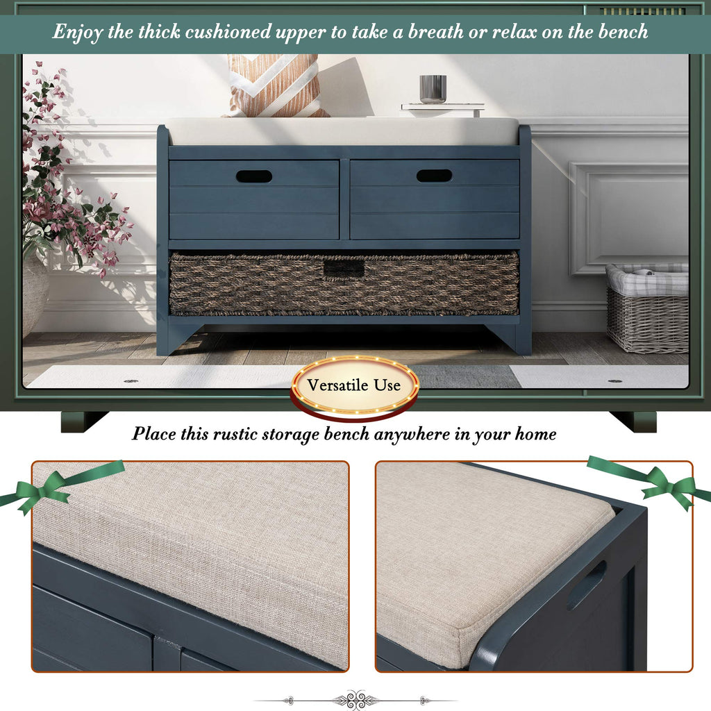 Navy Storage Bench with Drawers and Basket U16775