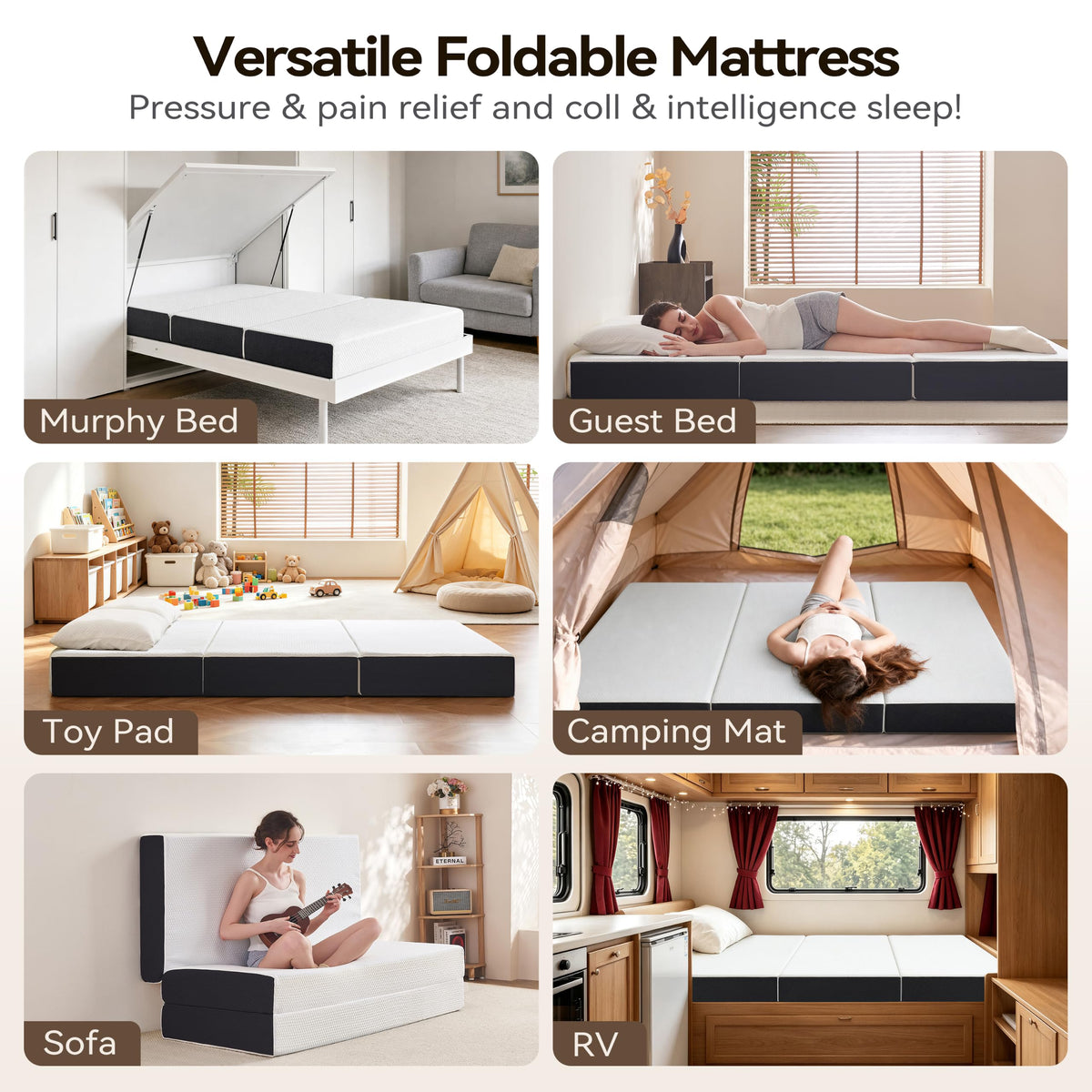 6 Inch Tri Fold Memory Foam Queen Mattress with Washable Cover J693