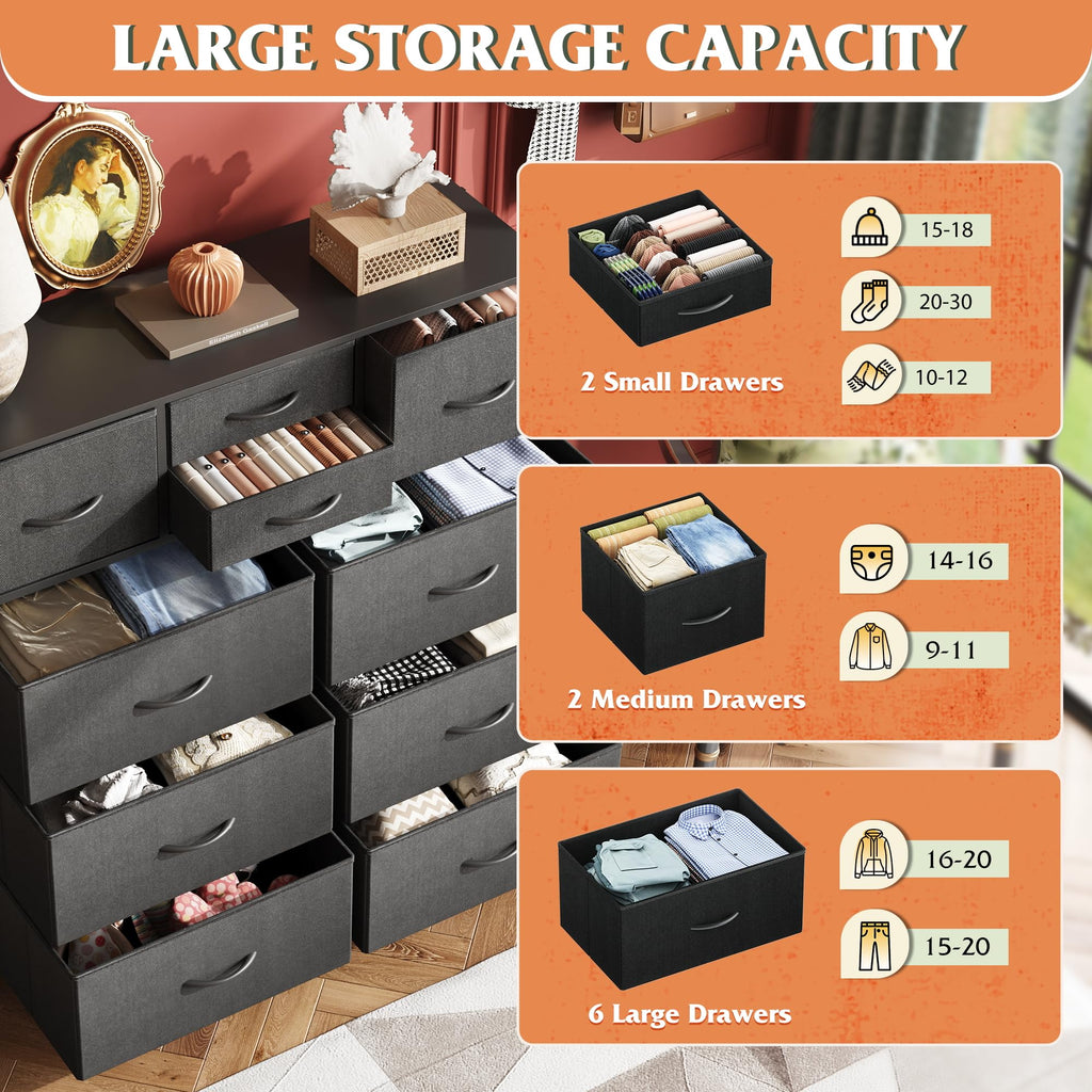 Black 10 Drawer Fabric Dresser W920