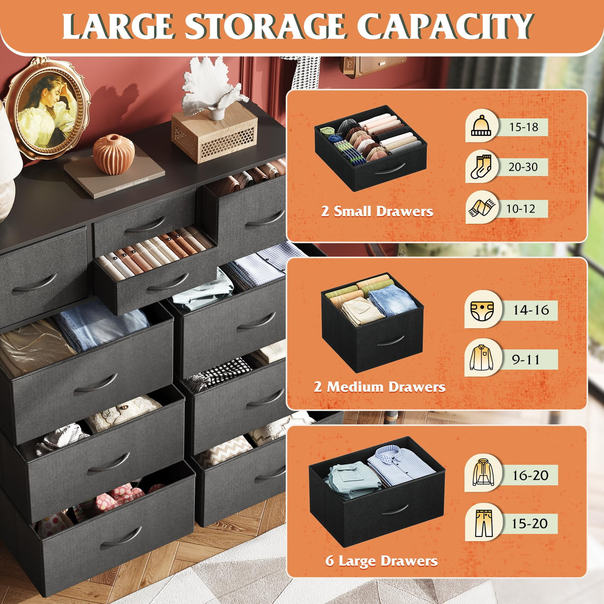 Black 10 Drawer Fabric Dresser W920